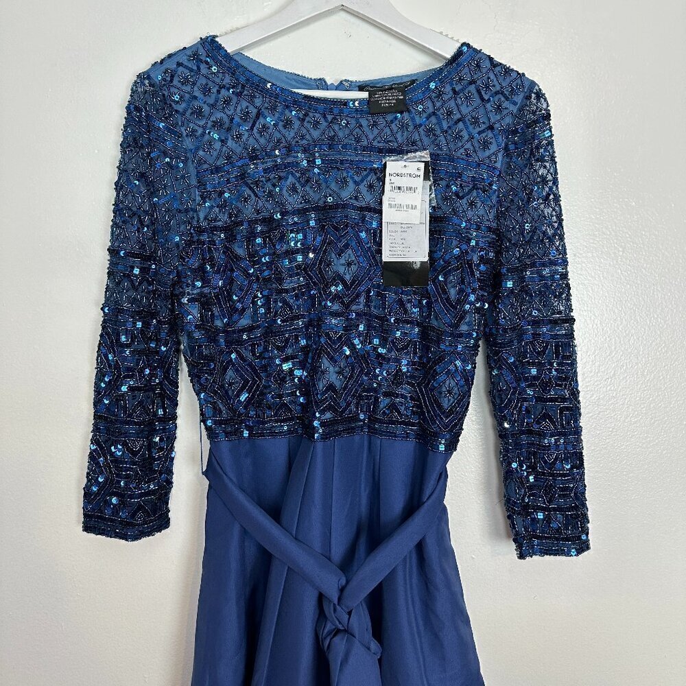 PISARRO NIGHTS Beaded Tie Waist Taffeta Gown in Denim 427 Size US 6 NWT - Picture 6 of 10